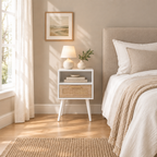 15.75  Rattan End Table With  Drawer And Solid Wood Legs, Modern Nightstand, Side Table For Living Room, Bedroom, White — bedroom wide
