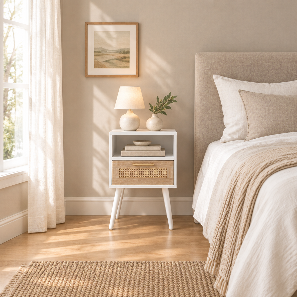 15.75  Rattan End Table With  Drawer And Solid Wood Legs, Modern Nightstand, Side Table For Living Room, Bedroom, White — bedroom wide