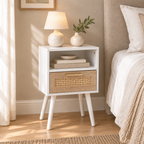 15.75  Rattan End Table With  Drawer And Solid Wood Legs, Modern Nightstand, Side Table For Living Room, Bedroom, White — bedroom three-quarter left