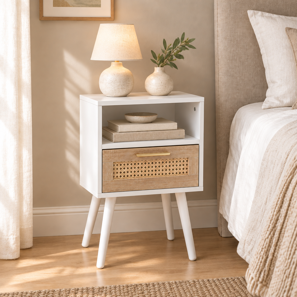 15.75  Rattan End Table With  Drawer And Solid Wood Legs, Modern Nightstand, Side Table For Living Room, Bedroom, White — bedroom three-quarter left