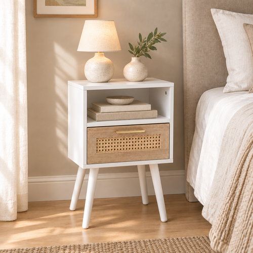 15.75  Rattan End Table With  Drawer And Solid Wood Legs, Modern Nightstand, Side Table For Living Room, Bedroom, White — bedroom three-quarter left