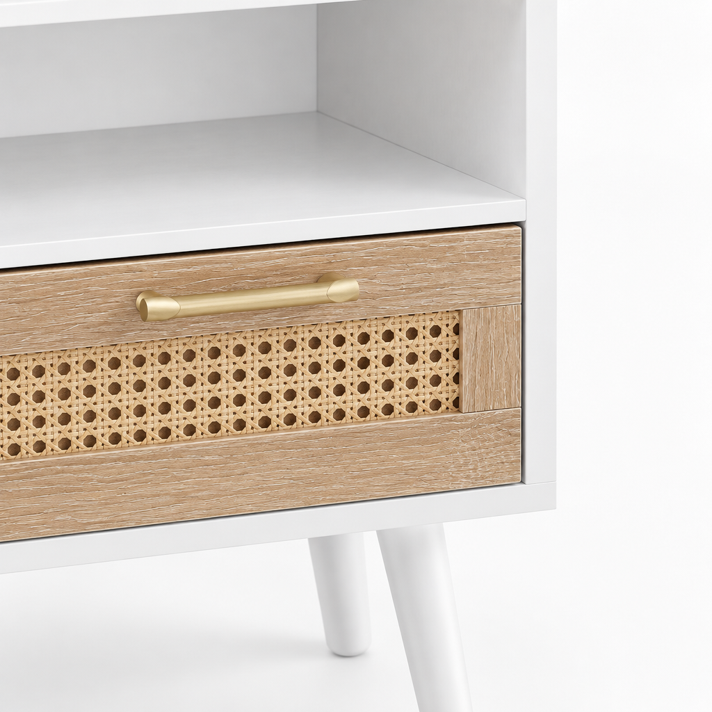 15.75  Rattan End Table With  Drawer And Solid Wood Legs, Modern Nightstand, Side Table For Living Room, Bedroom, White — studio detail