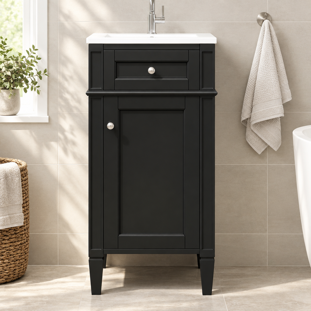 16-inch Bathroom Vanity With Ceramic Sink, Freestanding Single Vanity Set With Soft Closing Door, Adjustable Shelf, French Style, Solid Feet, Black — bathroom front