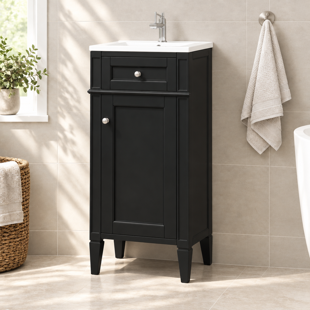16-inch Bathroom Vanity With Ceramic Sink, Freestanding Single Vanity Set With Soft Closing Door, Adjustable Shelf, French Style, Solid Feet, Black — bathroom three-quarter right