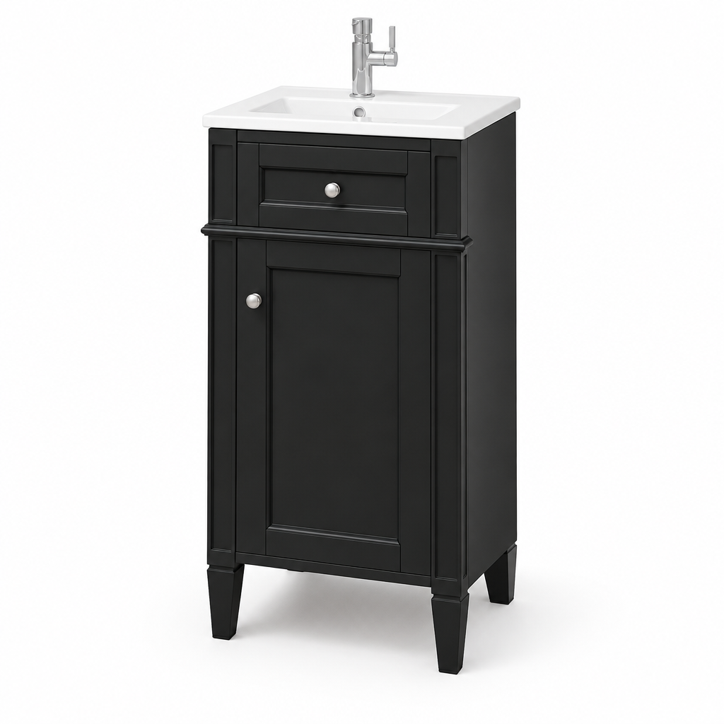 16-inch Bathroom Vanity With Ceramic Sink, Freestanding Single Vanity Set With Soft Closing Door, Adjustable Shelf, French Style, Solid Feet, Black — studio three-quarter