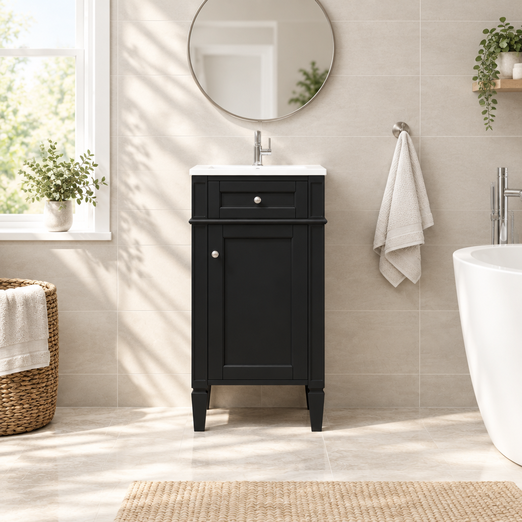 16-inch Bathroom Vanity With Ceramic Sink, Freestanding Single Vanity Set With Soft Closing Door, Adjustable Shelf, French Style, Solid Feet, Black — bathroom wide