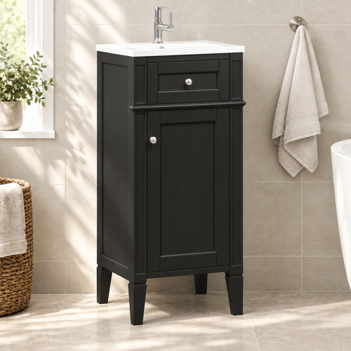 16-inch Bathroom Vanity With Ceramic Sink, Freestanding Single Vanity Set With Soft Closing Door, Adjustable Shelf, French Style, Solid Feet, Black — bathroom three-quarter left