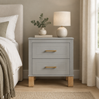 2 Drawer Nightstand, Premium Wood Storage With Elegant Fluted Design, Solid Wood Legs Nightstand With Metal Handle, Tall Bedside Table For Bedroom Living Room,Gray — bedroom front