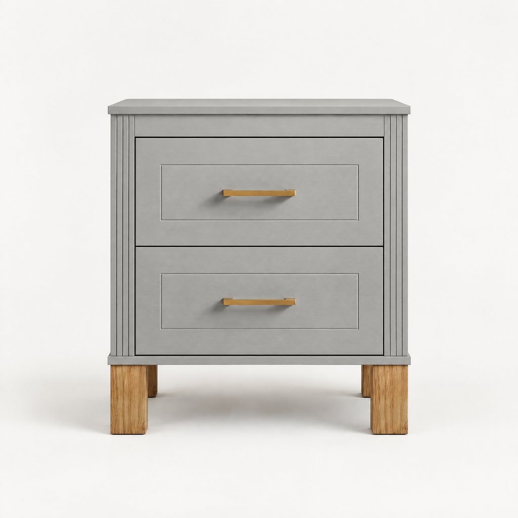 2 Drawer Nightstand, Premium Wood Storage With Elegant Fluted Design, Solid Wood Legs Nightstand With Metal Handle, Tall Bedside Table For Bedroom Living Room,Gray — studio hero
