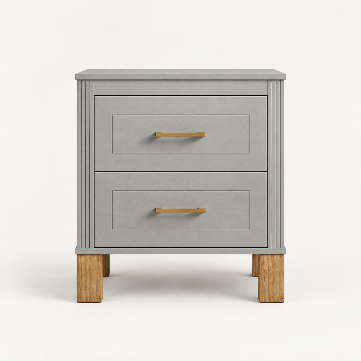 2 Drawer Nightstand, Premium Wood Storage With Elegant Fluted Design, Solid Wood Legs Nightstand With Metal Handle, Tall Bedside Table For Bedroom Living Room,Gray — studio hero