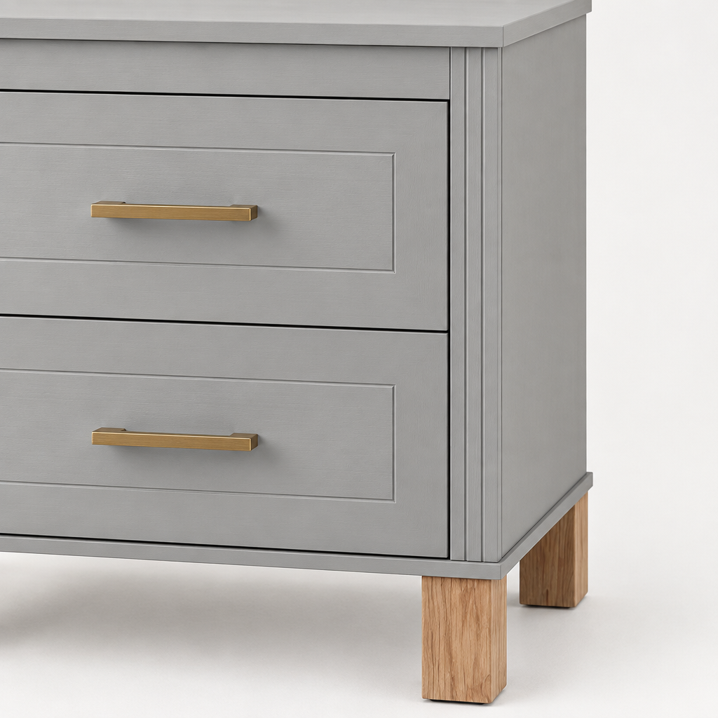 2 Drawer Nightstand, Premium Wood Storage With Elegant Fluted Design, Solid Wood Legs Nightstand With Metal Handle, Tall Bedside Table For Bedroom Living Room,Gray — studio detail
