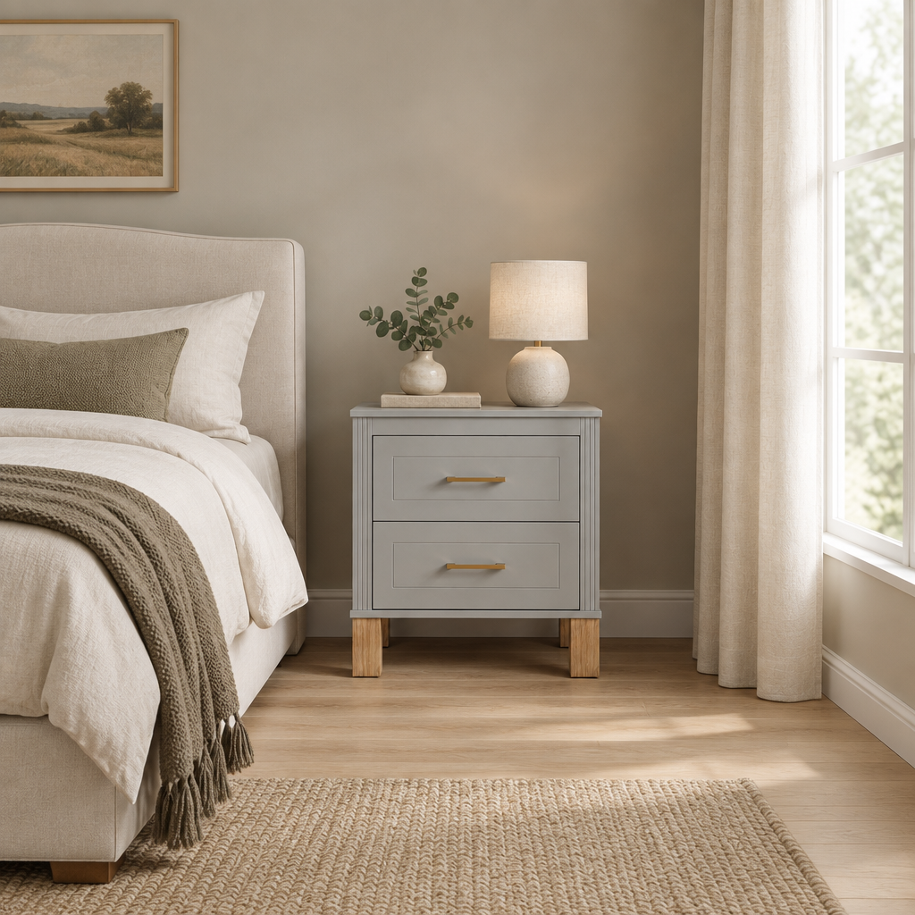 2 Drawer Nightstand, Premium Wood Storage With Elegant Fluted Design, Solid Wood Legs Nightstand With Metal Handle, Tall Bedside Table For Bedroom Living Room,Gray — bedroom wide