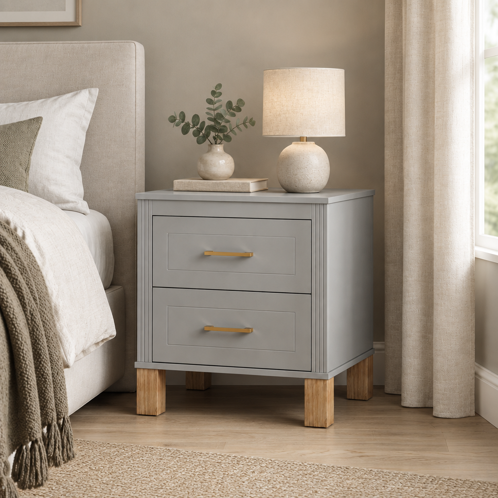 2 Drawer Nightstand, Premium Wood Storage With Elegant Fluted Design, Solid Wood Legs Nightstand With Metal Handle, Tall Bedside Table For Bedroom Living Room,Gray — bedroom three-quarter right
