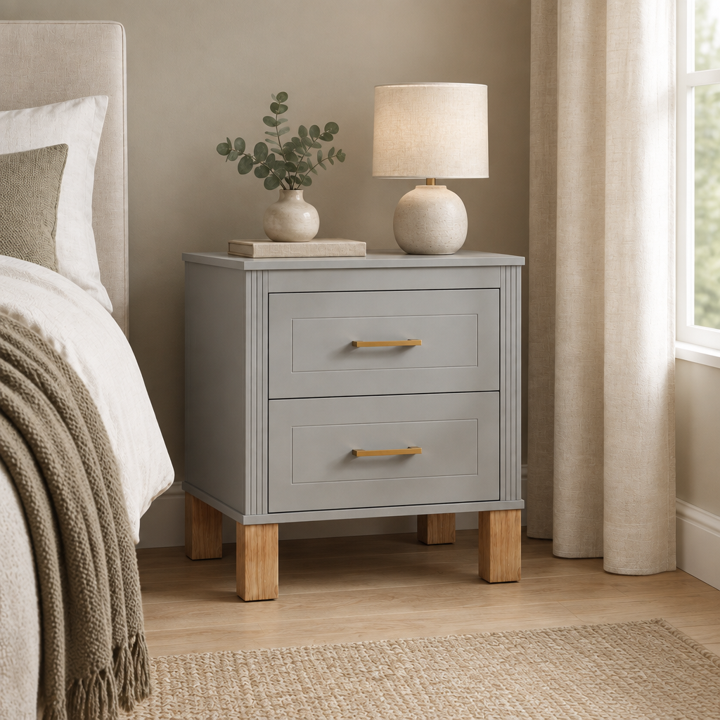 2 Drawer Nightstand, Premium Wood Storage With Elegant Fluted Design, Solid Wood Legs Nightstand With Metal Handle, Tall Bedside Table For Bedroom Living Room,Gray — bedroom three-quarter left