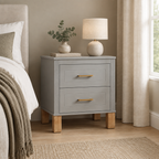 2 Drawer Nightstand, Premium Wood Storage With Elegant Fluted Design, Solid Wood Legs Nightstand With Metal Handle, Tall Bedside Table For Bedroom Living Room,Gray — bedroom three-quarter left