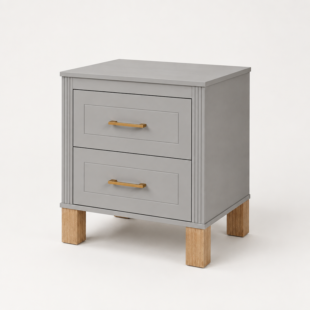 2 Drawer Nightstand, Premium Wood Storage With Elegant Fluted Design, Solid Wood Legs Nightstand With Metal Handle, Tall Bedside Table For Bedroom Living Room,Gray — studio three-quarter