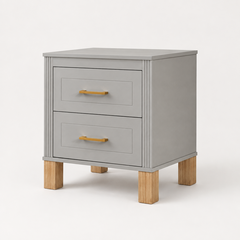 2 Drawer Nightstand, Premium Wood Storage With Elegant Fluted Design, Solid Wood Legs Nightstand With Metal Handle, Tall Bedside Table For Bedroom Living Room,Gray — studio side profile