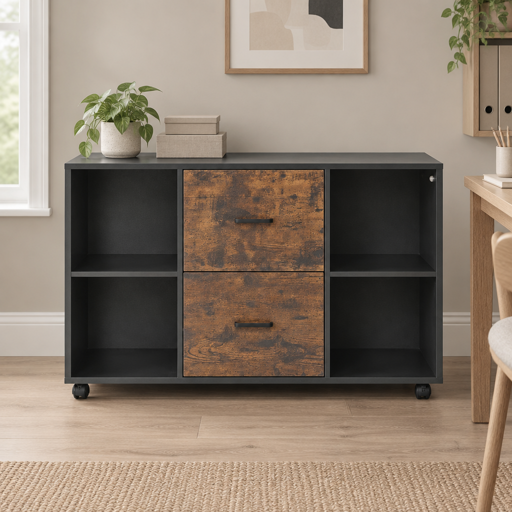 2 Drawer Wooden File Cabinet, Mobile Filing Cabinet With Open Shelves, Lateral Rolling File Storage With Lockable Wheels, Modern Free Standing Printer Stand For Home, Office, School, Black — office front