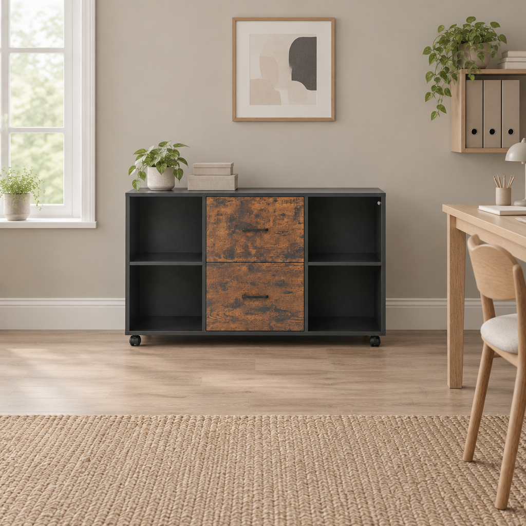 2 Drawer Wooden File Cabinet, Mobile Filing Cabinet With Open Shelves, Lateral Rolling File Storage With Lockable Wheels, Modern Free Standing Printer Stand For Home, Office, School, Black — office wide