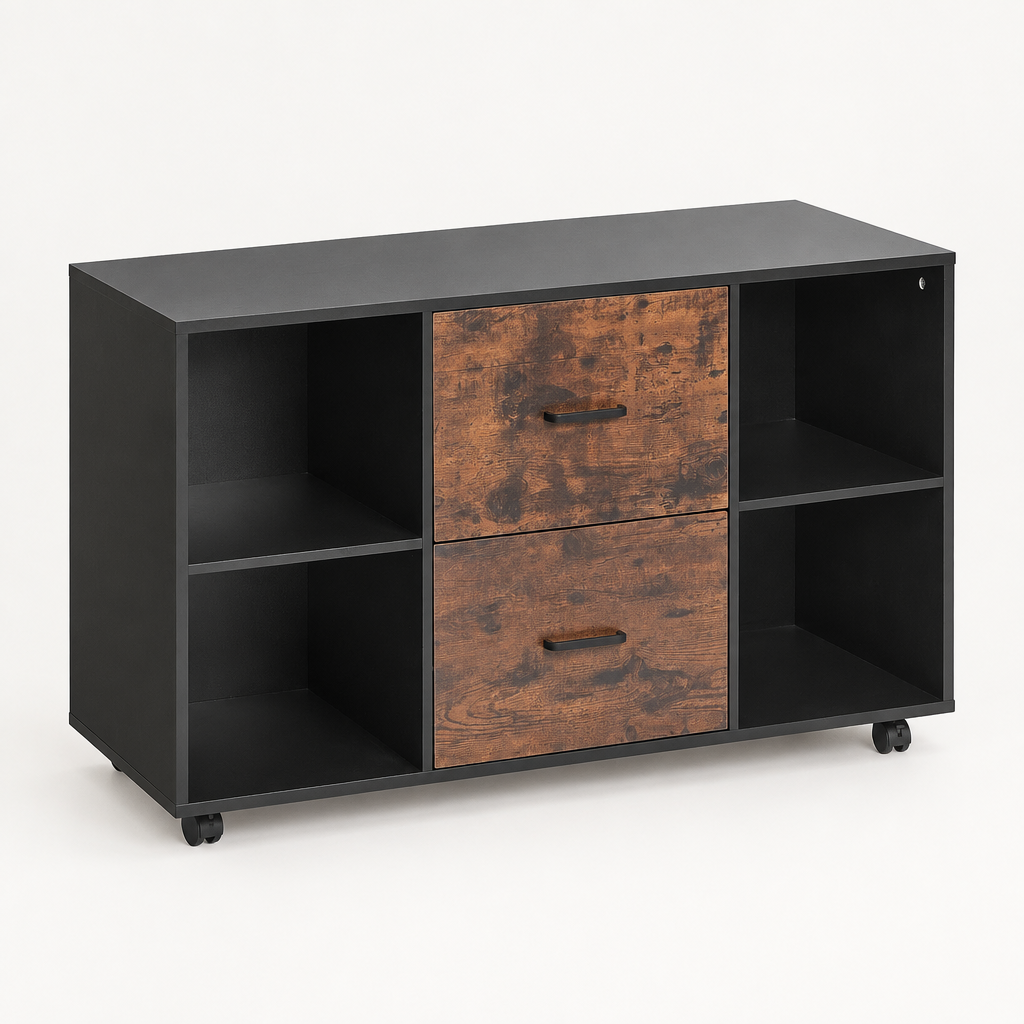 2 Drawer Wooden File Cabinet, Mobile Filing Cabinet With Open Shelves, Lateral Rolling File Storage With Lockable Wheels, Modern Free Standing Printer Stand For Home, Office, School, Black — studio three-quarter