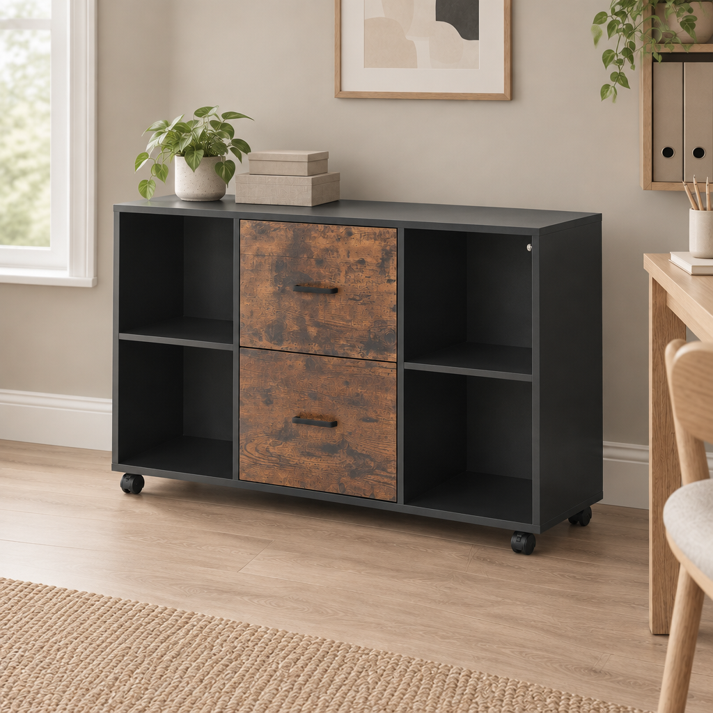 2 Drawer Wooden File Cabinet, Mobile Filing Cabinet With Open Shelves, Lateral Rolling File Storage With Lockable Wheels, Modern Free Standing Printer Stand For Home, Office, School, Black — office three-quarter right
