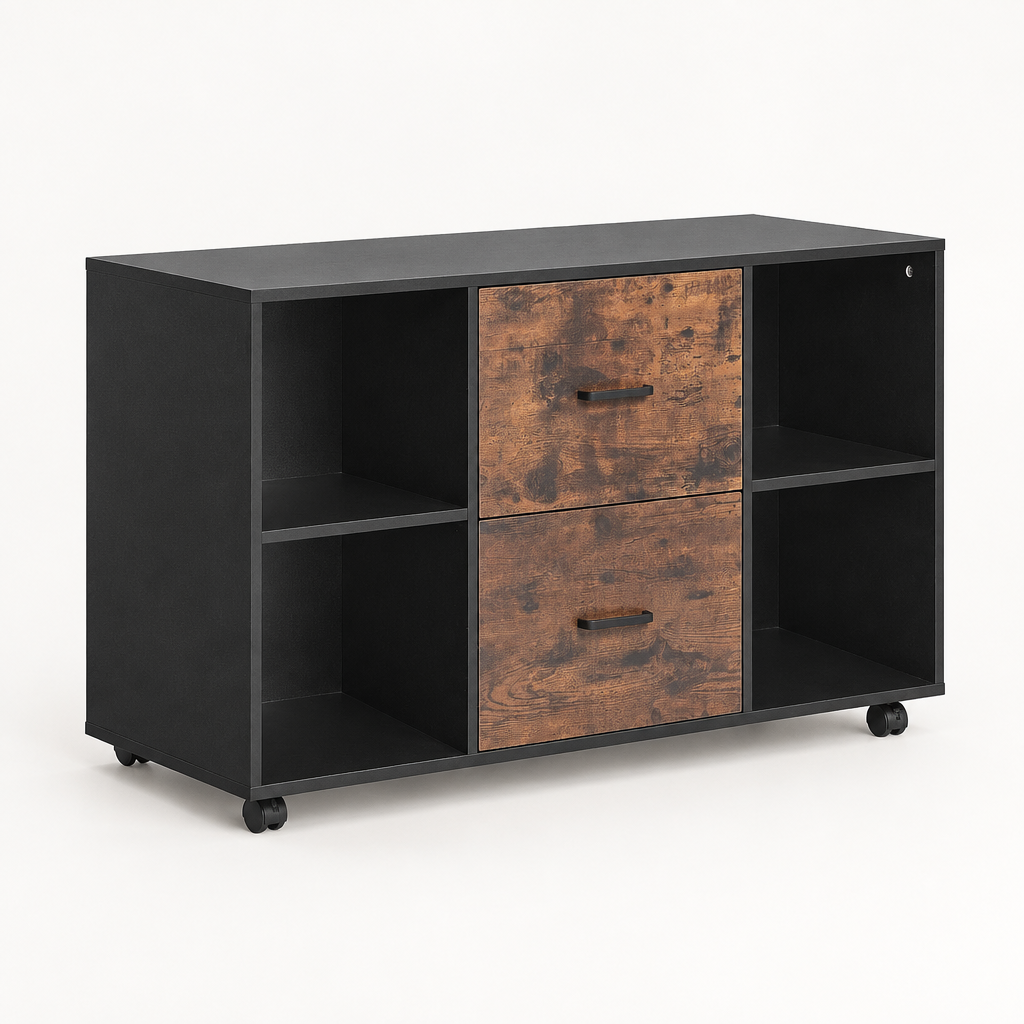2 Drawer Wooden File Cabinet, Mobile Filing Cabinet With Open Shelves, Lateral Rolling File Storage With Lockable Wheels, Modern Free Standing Printer Stand For Home, Office, School, Black — studio side profile