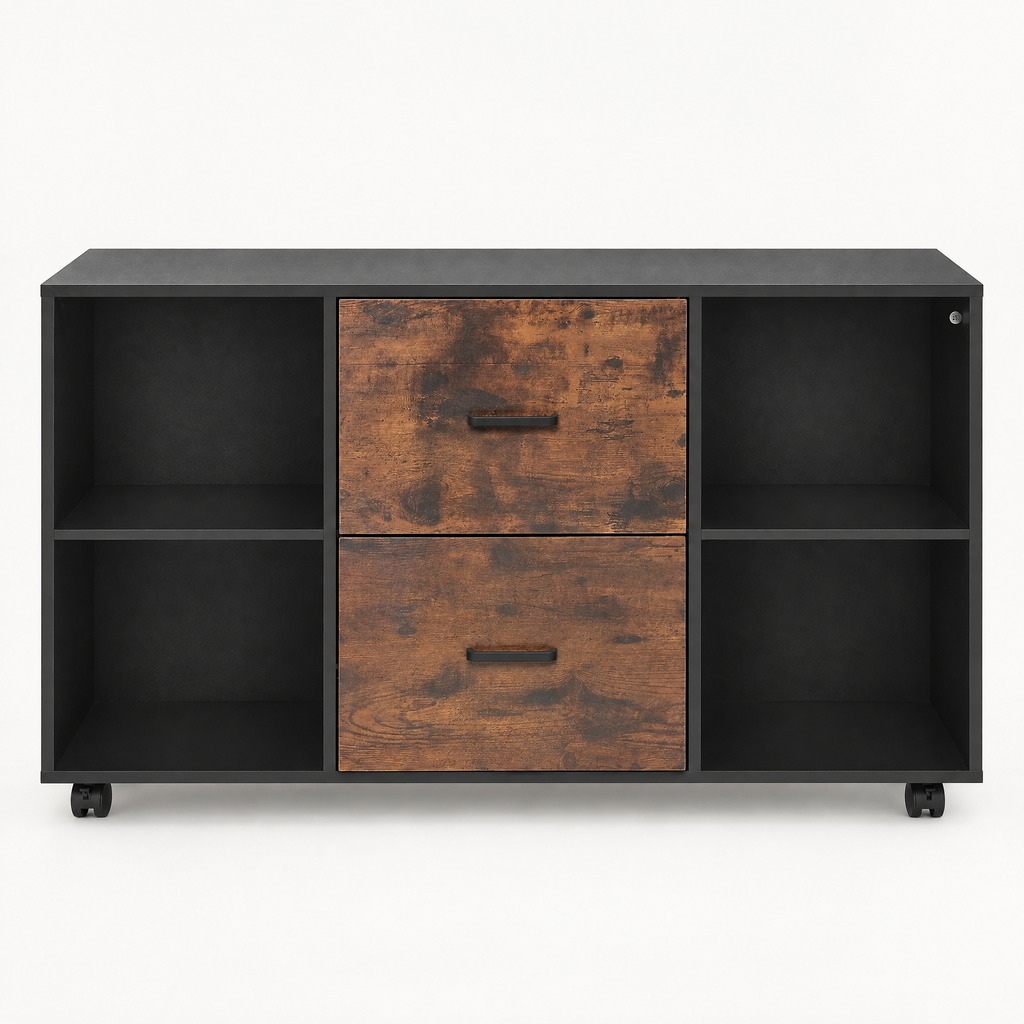 2 Drawer Wooden File Cabinet, Mobile Filing Cabinet With Open Shelves, Lateral Rolling File Storage With Lockable Wheels, Modern Free Standing Printer Stand For Home, Office, School, Black — studio hero