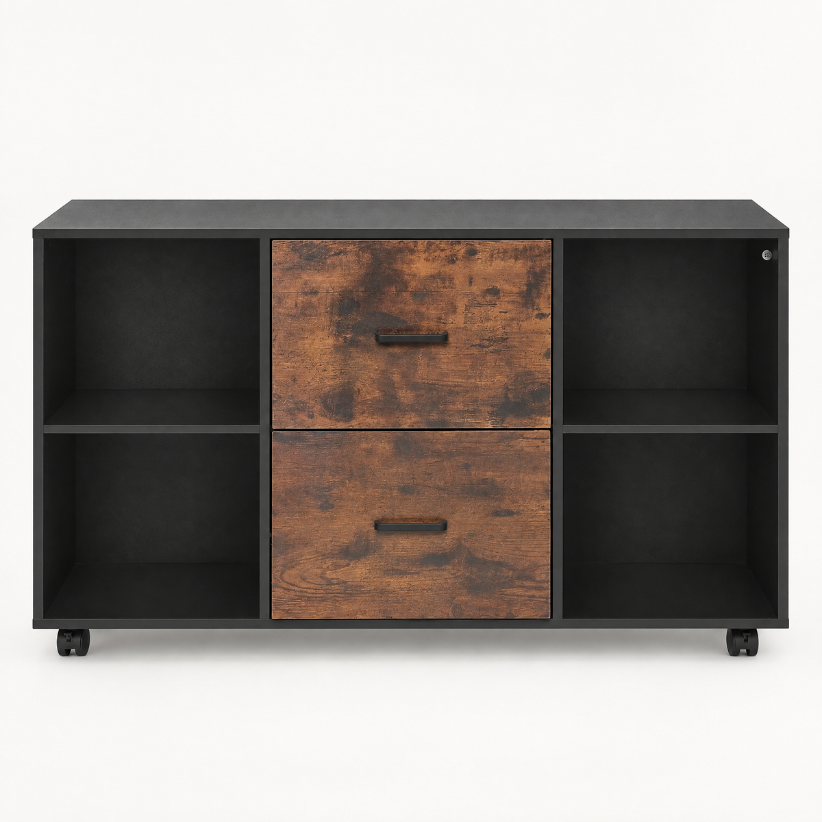 2 Drawer Wooden File Cabinet, Mobile Filing Cabinet With Open Shelves, Lateral Rolling File Storage With Lockable Wheels, Modern Free Standing Printer Stand For Home, Office, School, Black — studio hero