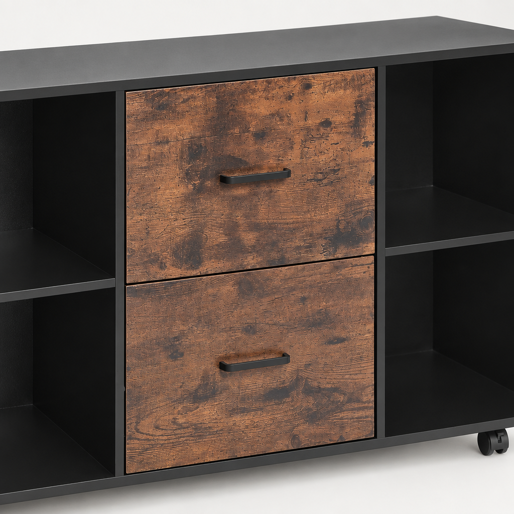 2 Drawer Wooden File Cabinet, Mobile Filing Cabinet With Open Shelves, Lateral Rolling File Storage With Lockable Wheels, Modern Free Standing Printer Stand For Home, Office, School, Black — studio detail