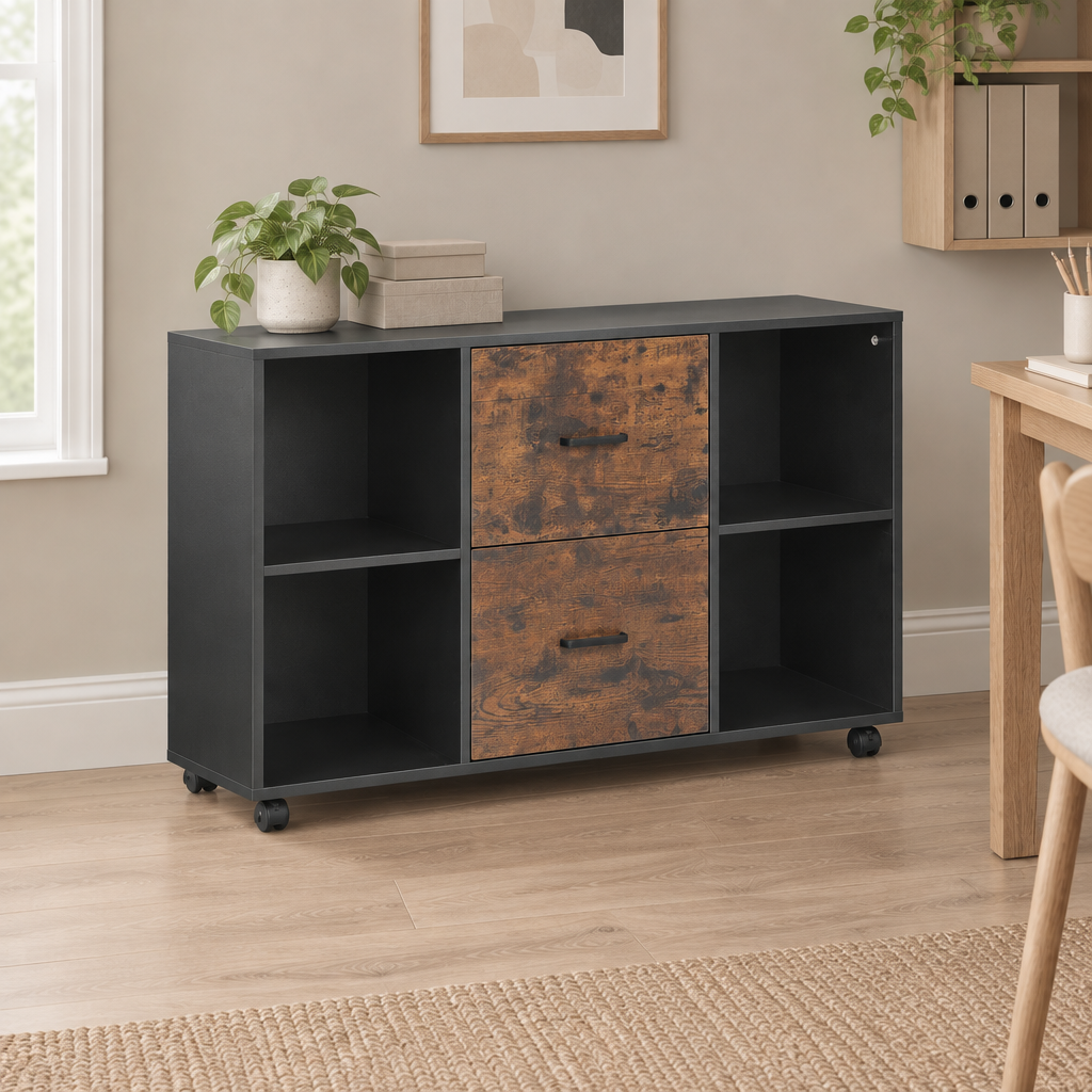 2 Drawer Wooden File Cabinet, Mobile Filing Cabinet With Open Shelves, Lateral Rolling File Storage With Lockable Wheels, Modern Free Standing Printer Stand For Home, Office, School, Black — office three-quarter left