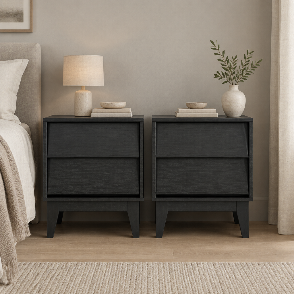 2 Set Nightstands Features Vintage-style And Bevel Design, Made Of MDF, Mid Century Modern Nightstand, Night Stand For Bedroom — bedroom front