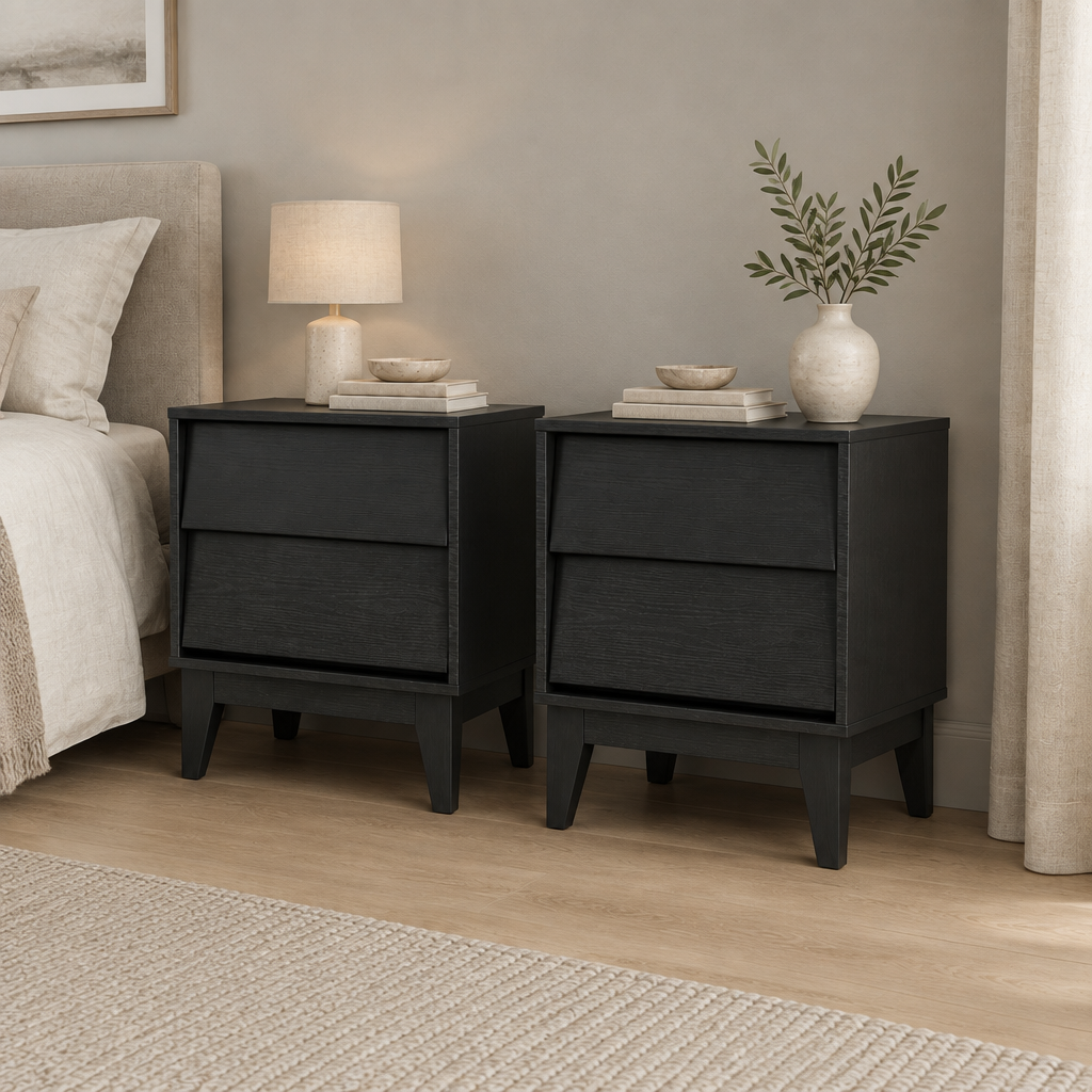 2 Set Nightstands Features Vintage-style And Bevel Design, Made Of MDF, Mid Century Modern Nightstand, Night Stand For Bedroom — bedroom three-quarter right