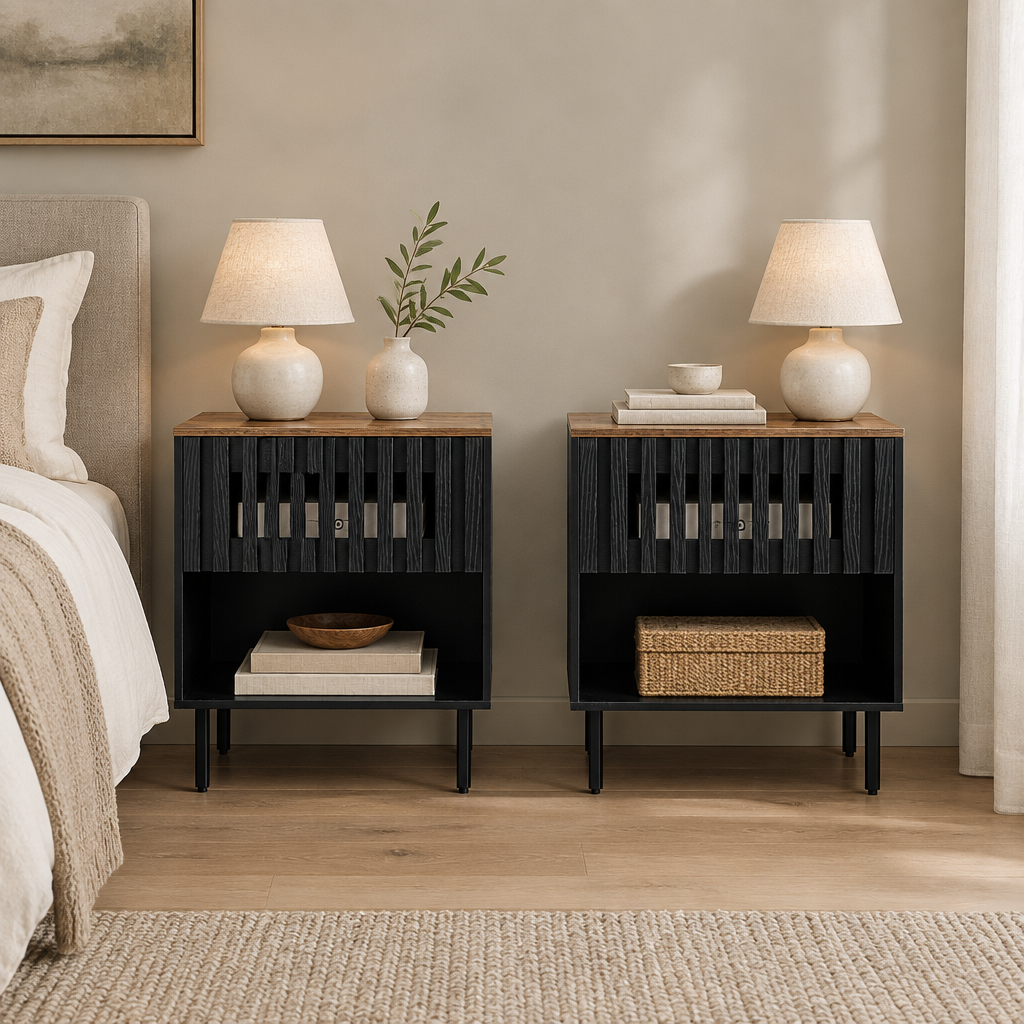 2 Set Nightstands With Grille Striped Doors, Mid Century Modern Nightstand, Bedside Table With Slatted Drawer Decor, End Tables Bedroom With Metal Legs, Night Stand For Bedroom — bedroom front