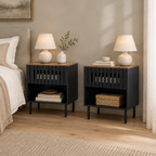 2 Set Nightstands With Grille Striped Doors, Mid Century Modern Nightstand, Bedside Table With Slatted Drawer Decor, End Tables Bedroom With Metal Legs, Night Stand For Bedroom — bedroom three-quarter right