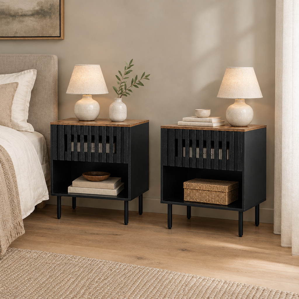 2 Set Nightstands With Grille Striped Doors, Mid Century Modern Nightstand, Bedside Table With Slatted Drawer Decor, End Tables Bedroom With Metal Legs, Night Stand For Bedroom — bedroom three-quarter right