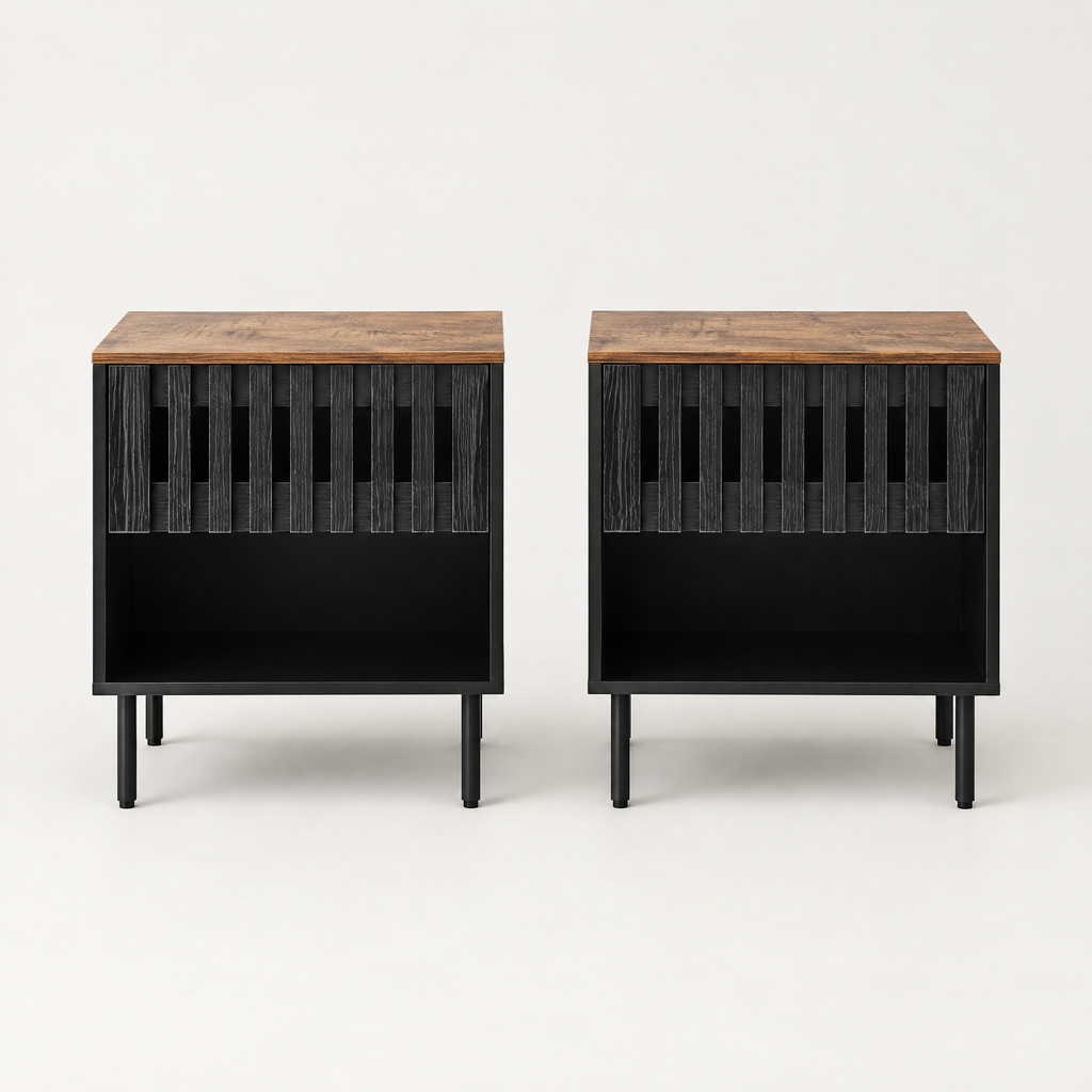 2 Set Nightstands With Grille Striped Doors, Mid Century Modern Nightstand, Bedside Table With Slatted Drawer Decor, End Tables Bedroom With Metal Legs, Night Stand For Bedroom — studio hero