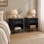 2 Set Nightstands With Grille Striped Doors, Mid Century Modern Nightstand, Bedside Table With Slatted Drawer Decor, End Tables Bedroom With Metal Legs, Night Stand For Bedroom — bedroom three-quarter left
