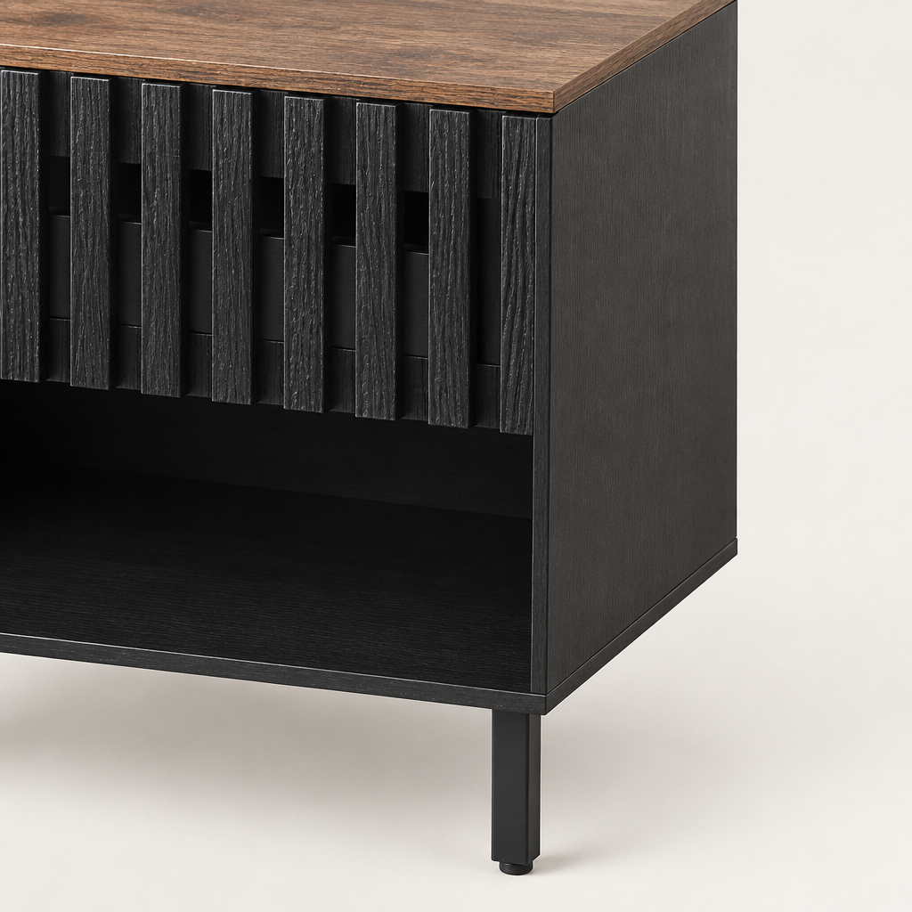 2 Set Nightstands With Grille Striped Doors, Mid Century Modern Nightstand, Bedside Table With Slatted Drawer Decor, End Tables Bedroom With Metal Legs, Night Stand For Bedroom — studio detail