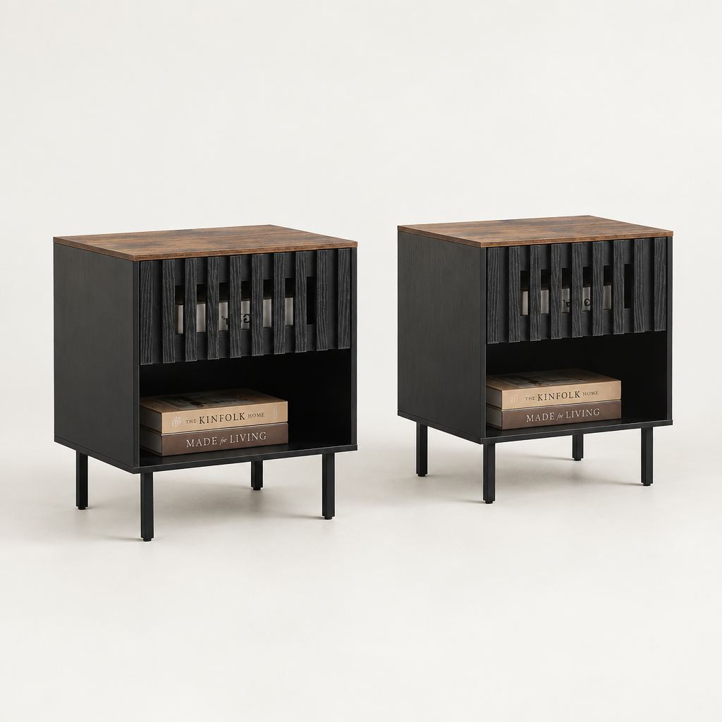 2 Set Nightstands With Grille Striped Doors, Mid Century Modern Nightstand, Bedside Table With Slatted Drawer Decor, End Tables Bedroom With Metal Legs, Night Stand For Bedroom — studio side profile