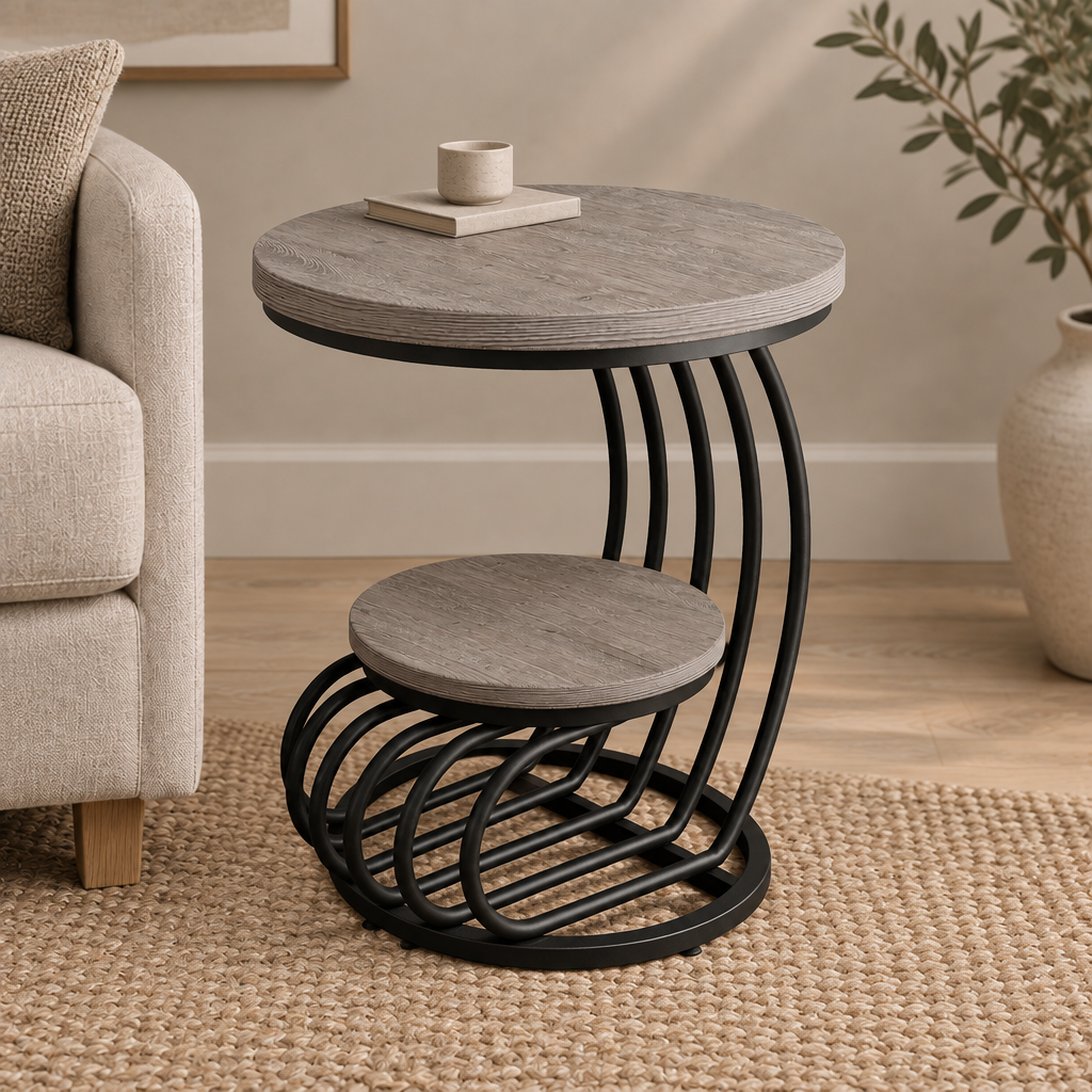 2 Tiers Couch Table,Round Side Table,End Table — living room three-quarter right
