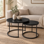 Nesting Coffee Table Set Of 2, 27.6inch Round Coffee Table Wood Marble Pattern Top With Sturdy Metal Frame, End Table Side Tables For Living Room Bedroom Balcony Yard Black — living room front