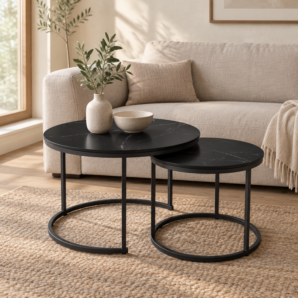 Nesting Coffee Table Set Of 2, 27.6inch Round Coffee Table Wood Marble Pattern Top With Sturdy Metal Frame, End Table Side Tables For Living Room Bedroom Balcony Yard Black — living room front