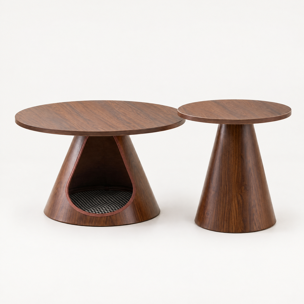Nesting Coffee Table Set of 2, Round Side Tables with Integrated Cat Cave Bed, Modern End Table with Melamine Wood Grain Top & Carbon Steel Base for Living Room, Small Space, Walnut — studio hero