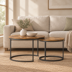 Nesting Coffee Table Set of 2, 27.6inch Round Coffee Table Industrial Wood Finish with Sturdy Metal Frame, End Table Side Tables for Living Room Bedroom Balcony Yard (Rustic Brown) — living room front