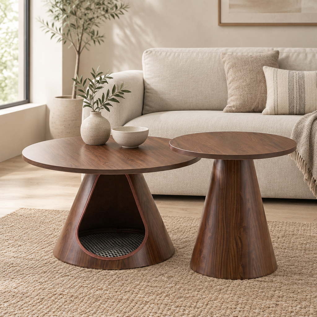 Nesting Coffee Table Set of 2, Round Side Tables with Integrated Cat Cave Bed, Modern End Table with Melamine Wood Grain Top & Carbon Steel Base for Living Room, Small Space, Walnut — living room front