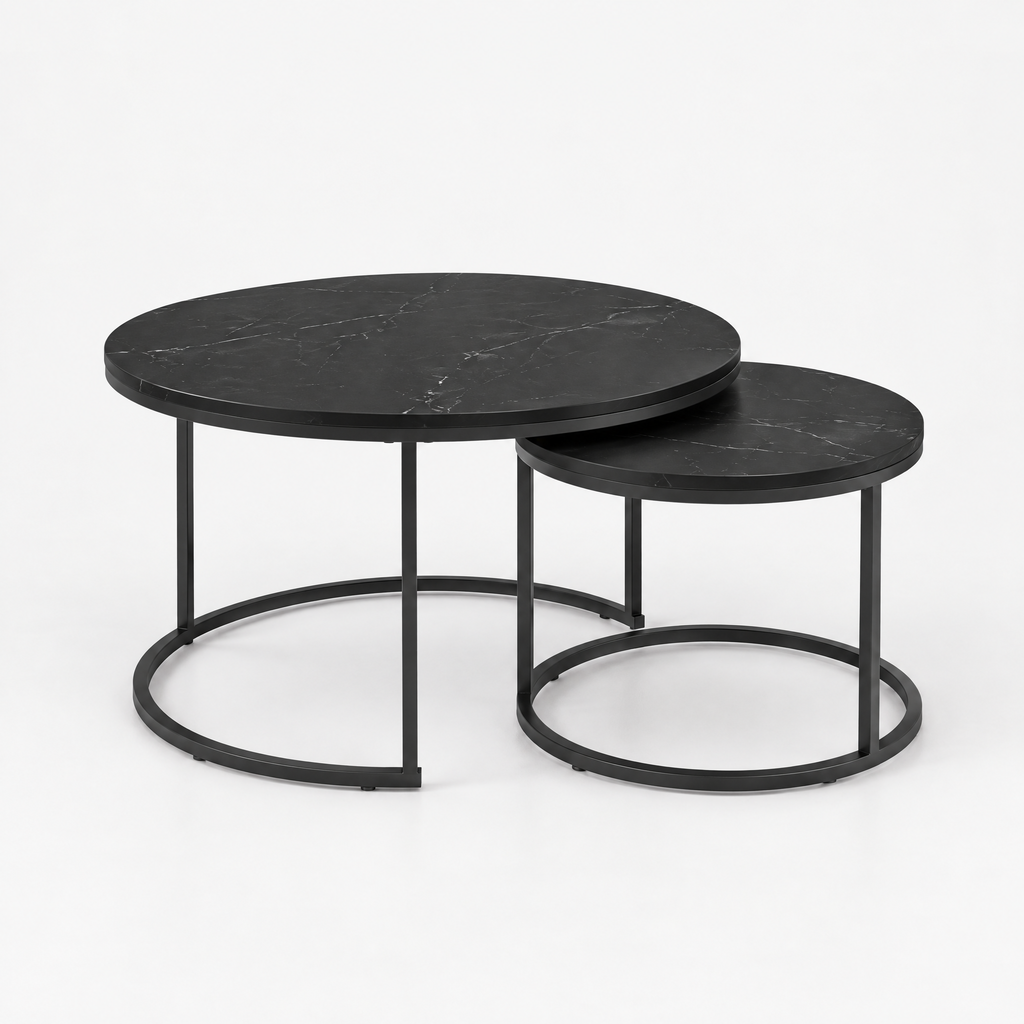 Nesting Coffee Table Set Of 2, 27.6inch Round Coffee Table Wood Marble Pattern Top With Sturdy Metal Frame, End Table Side Tables For Living Room Bedroom Balcony Yard Black — studio hero