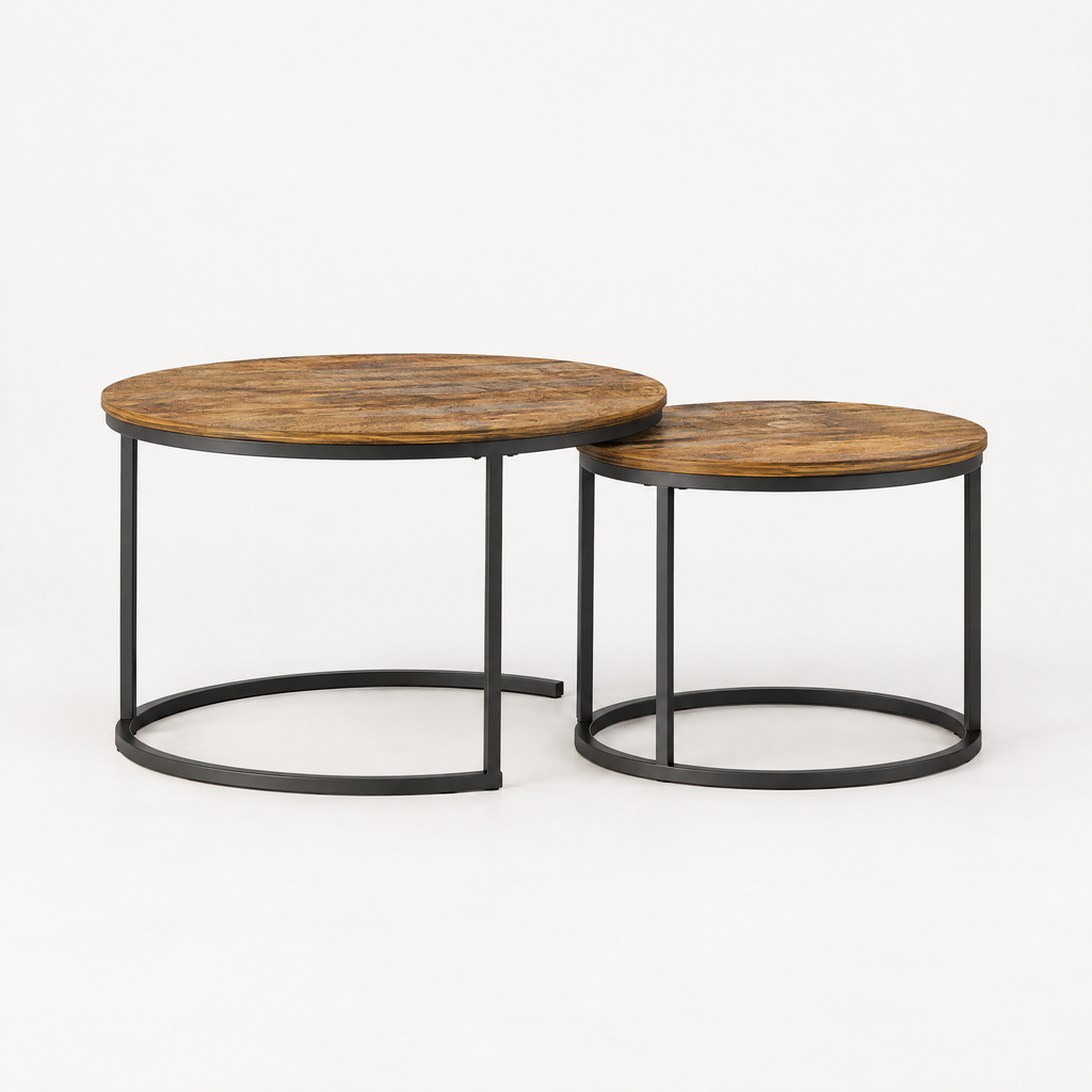 Nesting Coffee Table Set of 2, 27.6inch Round Coffee Table Industrial Wood Finish with Sturdy Metal Frame, End Table Side Tables for Living Room Bedroom Balcony Yard (Rustic Brown) — studio hero