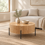 Round Coffee Table With Storage Modern Accent Tea Table For Bedroom Living Room Office Apartment — living room three-quarter left