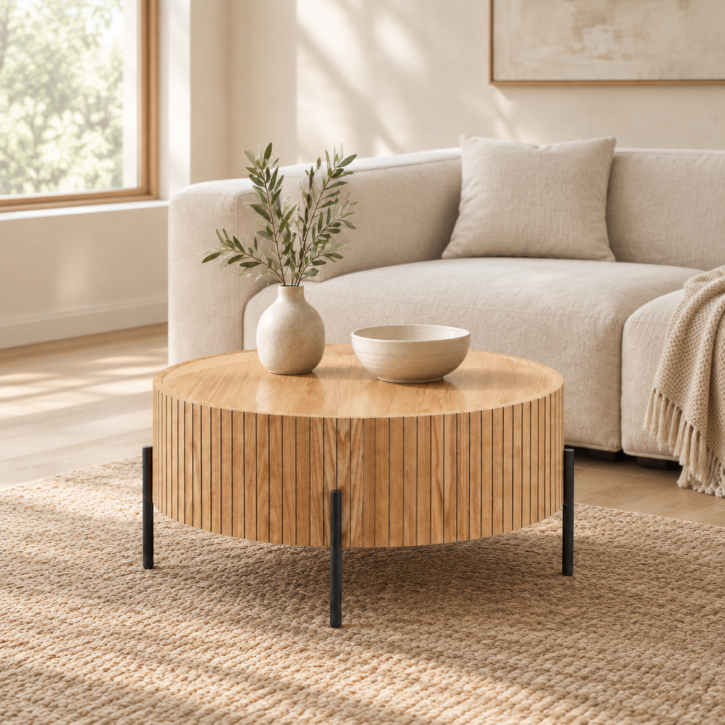 Round Coffee Table With Storage Modern Accent Tea Table For Bedroom Living Room Office Apartment — living room three-quarter left