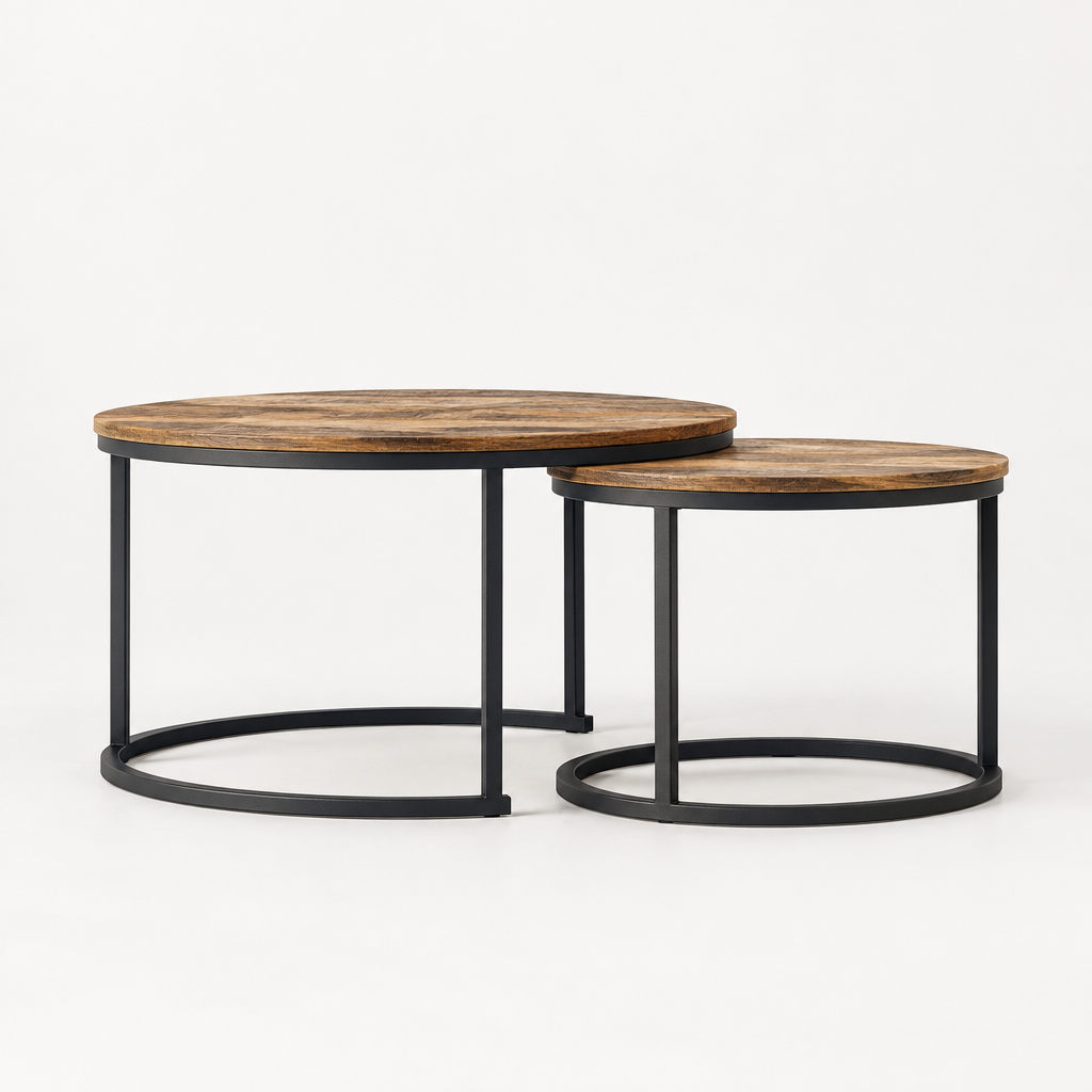 Nesting Coffee Table Set of 2, 27.6inch Round Coffee Table Industrial Wood Finish with Sturdy Metal Frame, End Table Side Tables for Living Room Bedroom Balcony Yard (Rustic Brown) — studio side profile